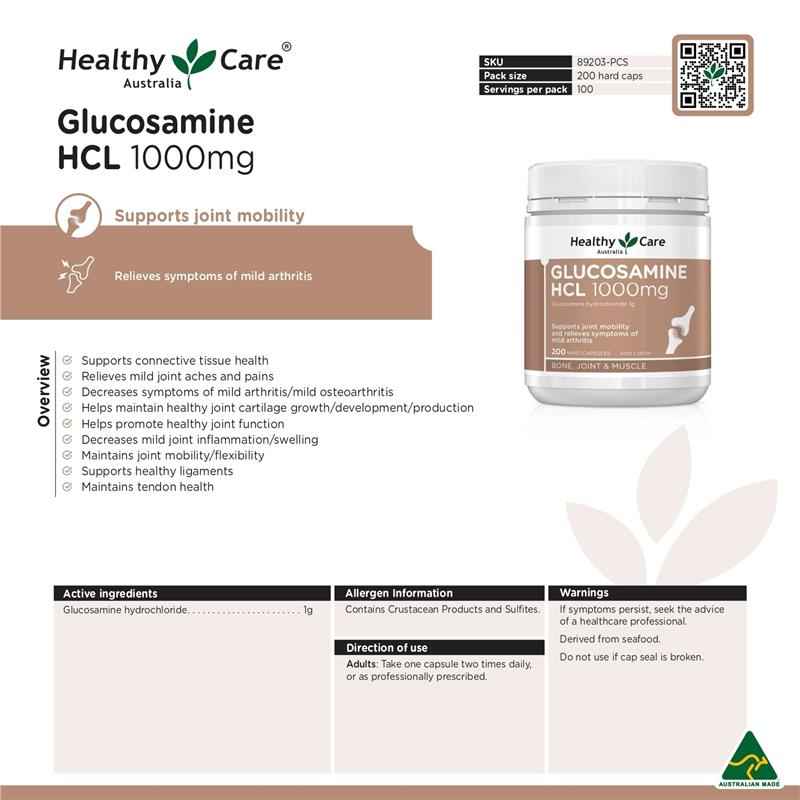 Healthy Care Glucosamine HCL 1000mg 200 Capsules