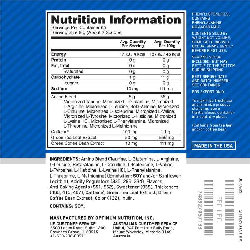 Optimum Nutrition Amino Energy Blue Raspberry 65 Serve 585g