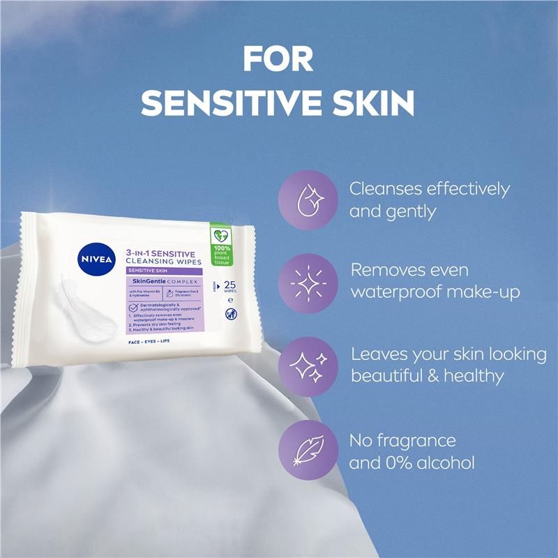 NIVEA 3in1 Sensitive Cleansing Wipes 25 Pack