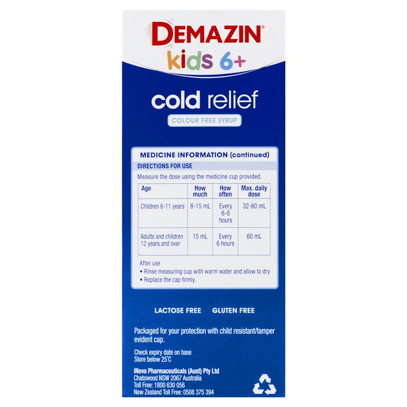 Demazin Kids 6+ Cold Relief Colour Free Syrup 200ml