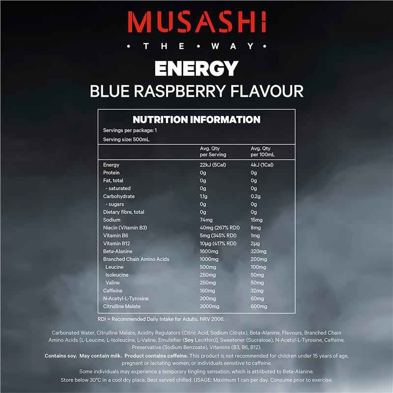 Musashi Blue Raspberry Energy Drinks 500ml x 4 Pack