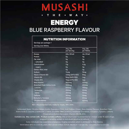 Musashi Blue Raspberry Energy Drinks 500ml x 4 Pack