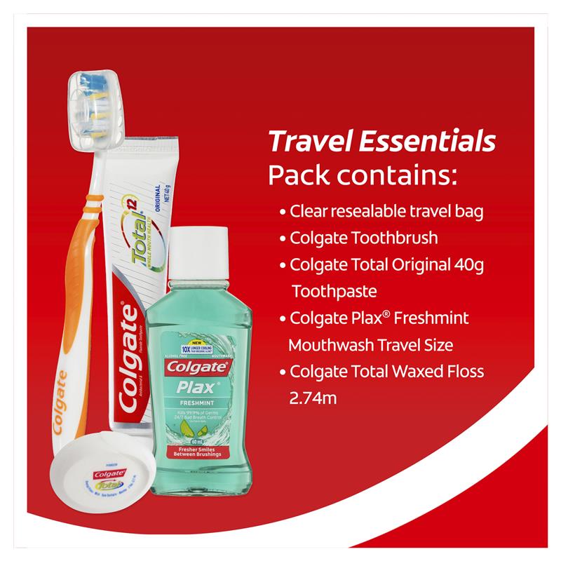 Colgate Travel Essentials Toothbrush, Toothpaste, Mouthwash, Floss & travel bag Pack - GimmeNow