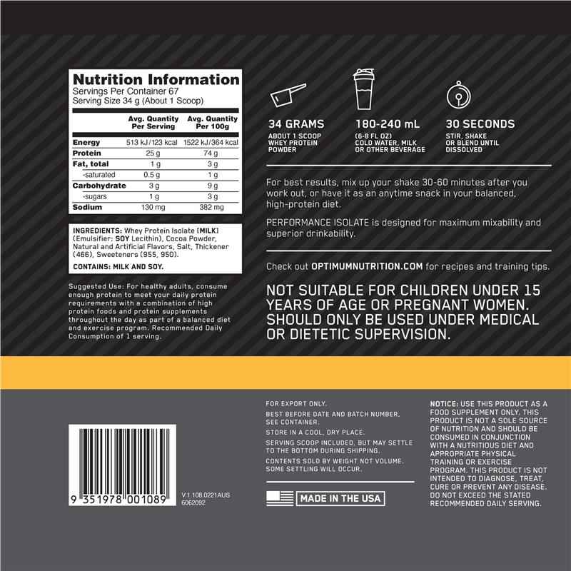 Optimum Nutrition Isolate Chocolate Milkshake 2.28kg