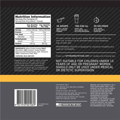 Optimum Nutrition Isolate Chocolate Milkshake 2.28kg
