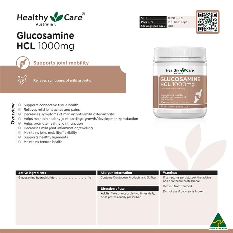 Healthy Care Glucosamine HCL 1000mg 200 Capsules