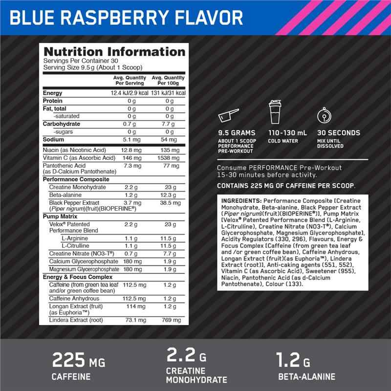 Optimum Nutrition Performance Preworkout Blue Raspberry 285g