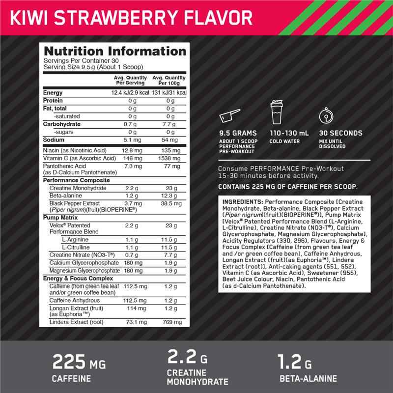 Optimum Nutrition Performance Preworkout Kiwi Strawberry 285g