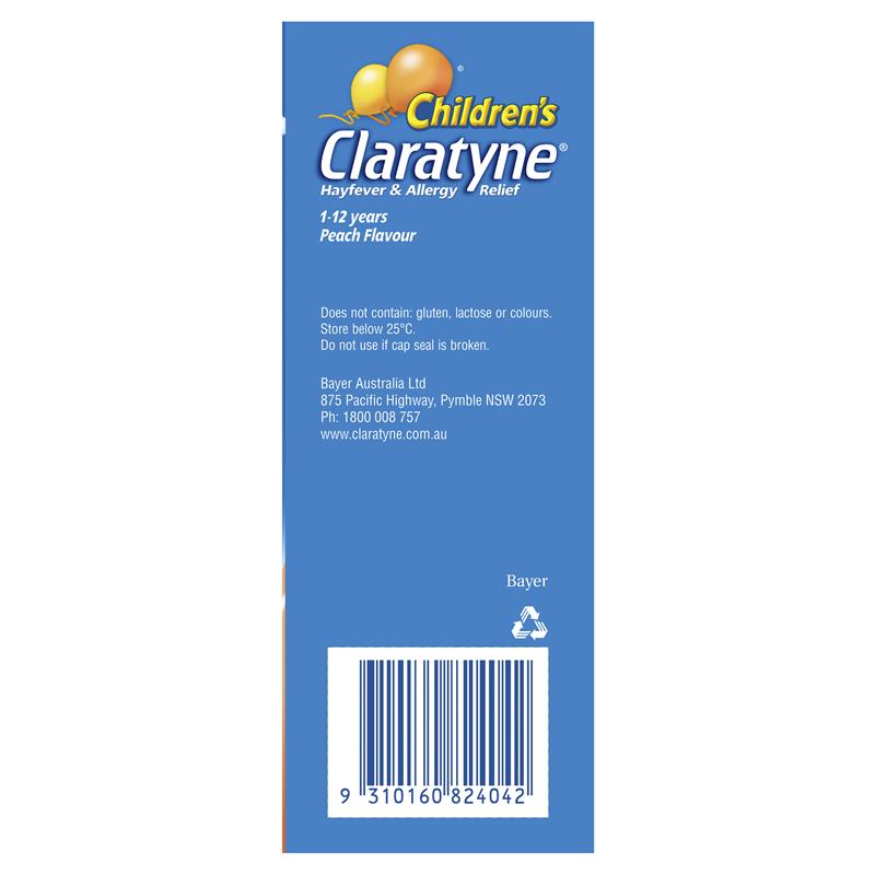 Children's Claratyne Allergy & Hayfever Relief Syrup For Kids Peach Flavour 150mL