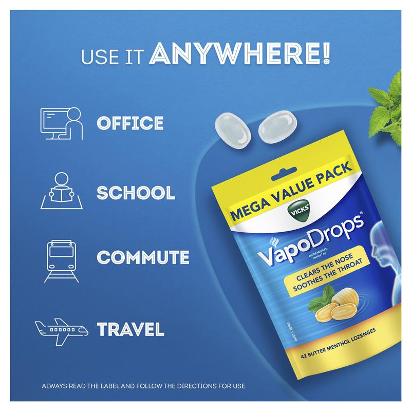 Vicks VapoDrops Butter Menthol 42 Lozenges