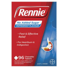 Rennie No Added Sugar Indigestion and Heartburn Relief Peppermint 96 Chewable Tablets