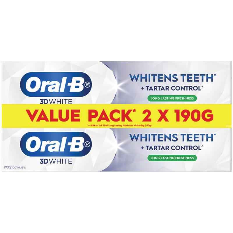 Oral B Toothpaste 3D White Whitens Teeth Long Lasting Freshness 2 x 190g  Value Pack
