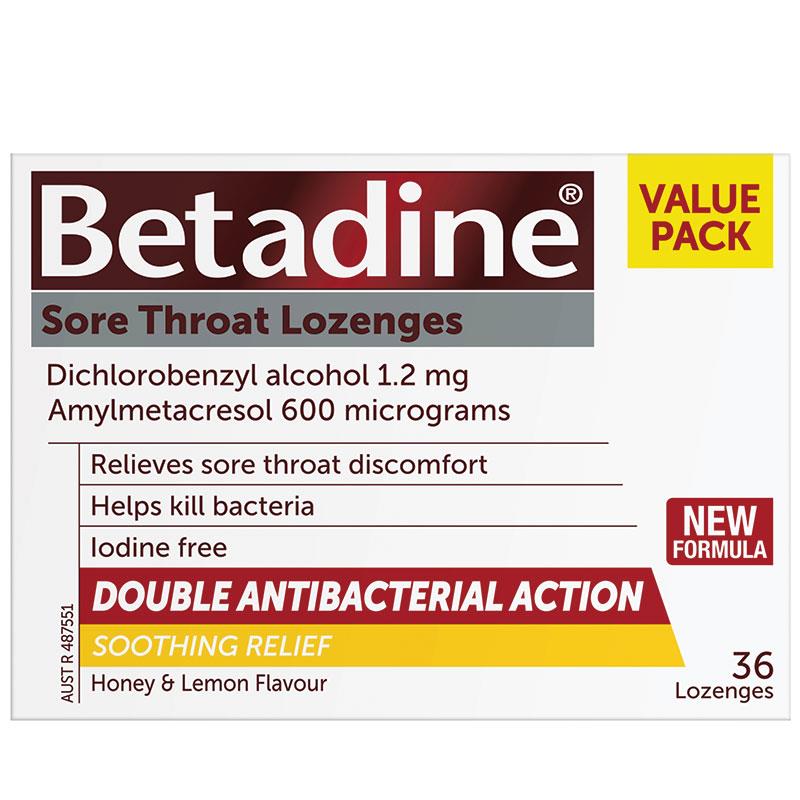 Betadine Sore Throat Lozenges Soothing Honey & Lemon Flavour 36 Pack