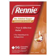 Rennie No Added Sugar Indigestion and Heartburn Relief Orange 96 Chewable Tablets