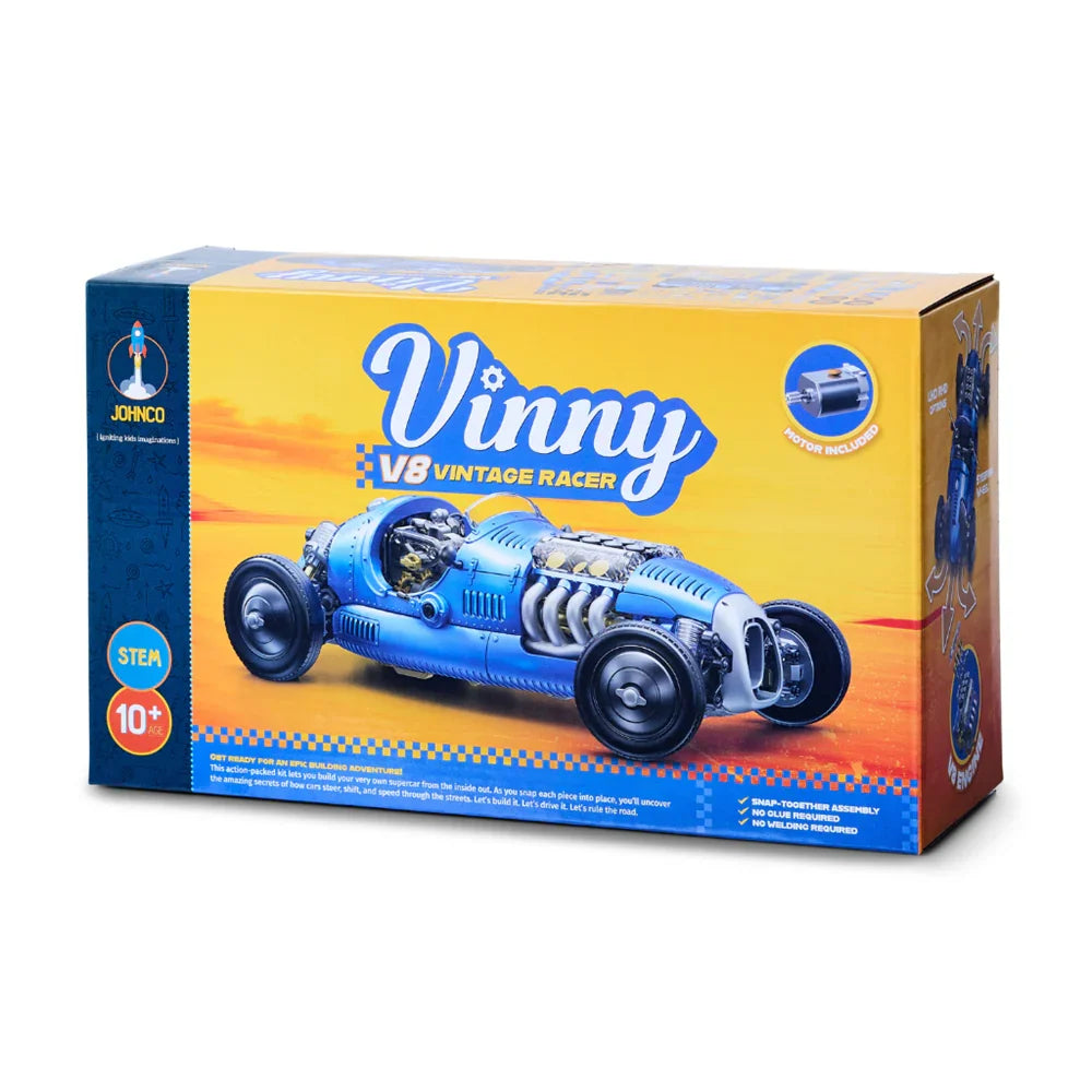 Johnco Vinny V8 Vintage Racer Buildable Car STEM Toys Science Activity Toy Car Gift Idea Clearance 10yrs+
