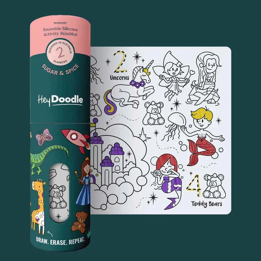 Hey Doodle 123 Mini Mats Sugar and Spice Art and craft for kids Travel Toys Fairy Unicorn and Castle Theme Early Literacy 3yrs+