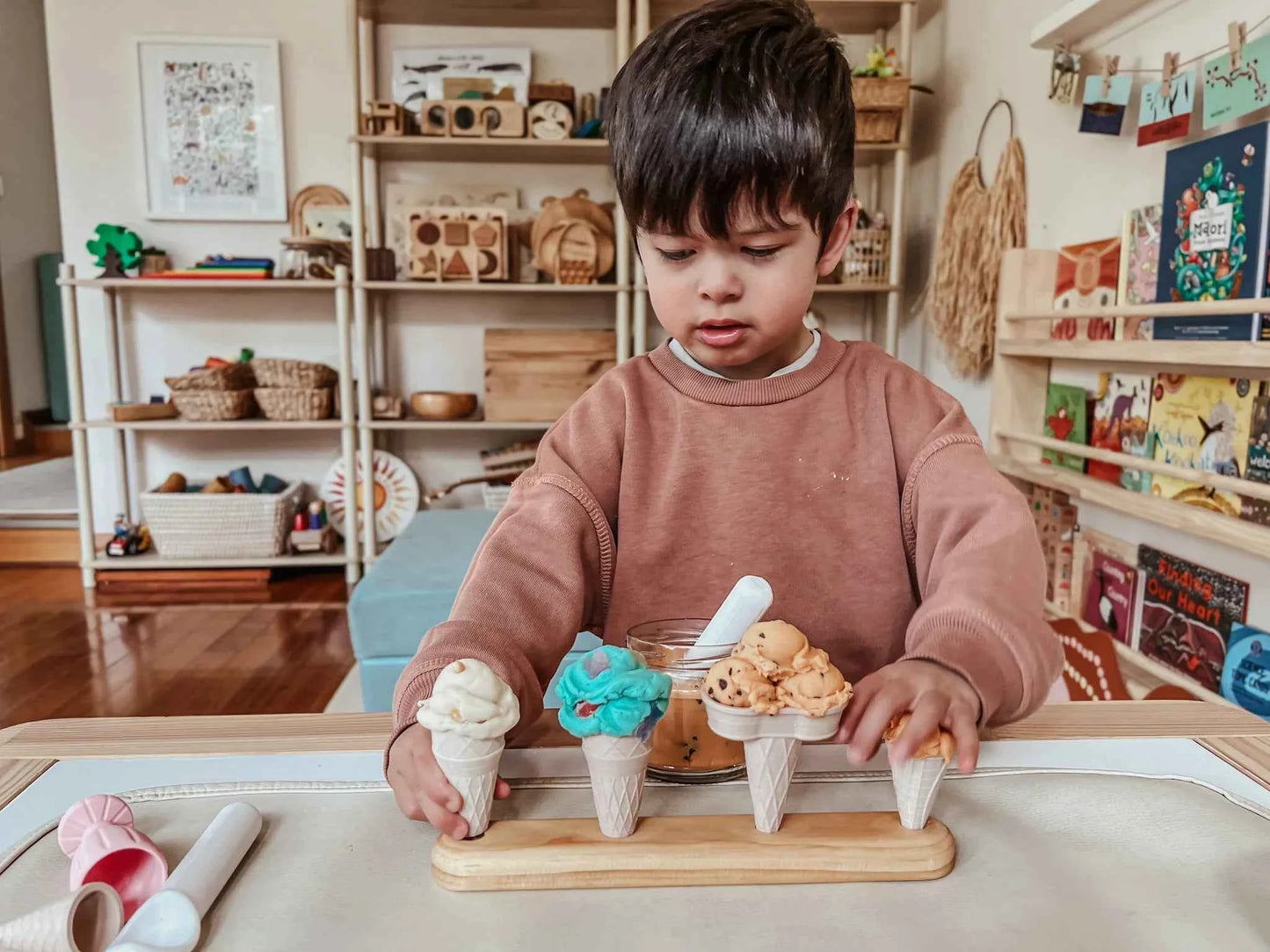Wooden Ice Cream Cone Stand 4 Hole by Beadiebug Playdough Sand Toys Art and Craft for Kids