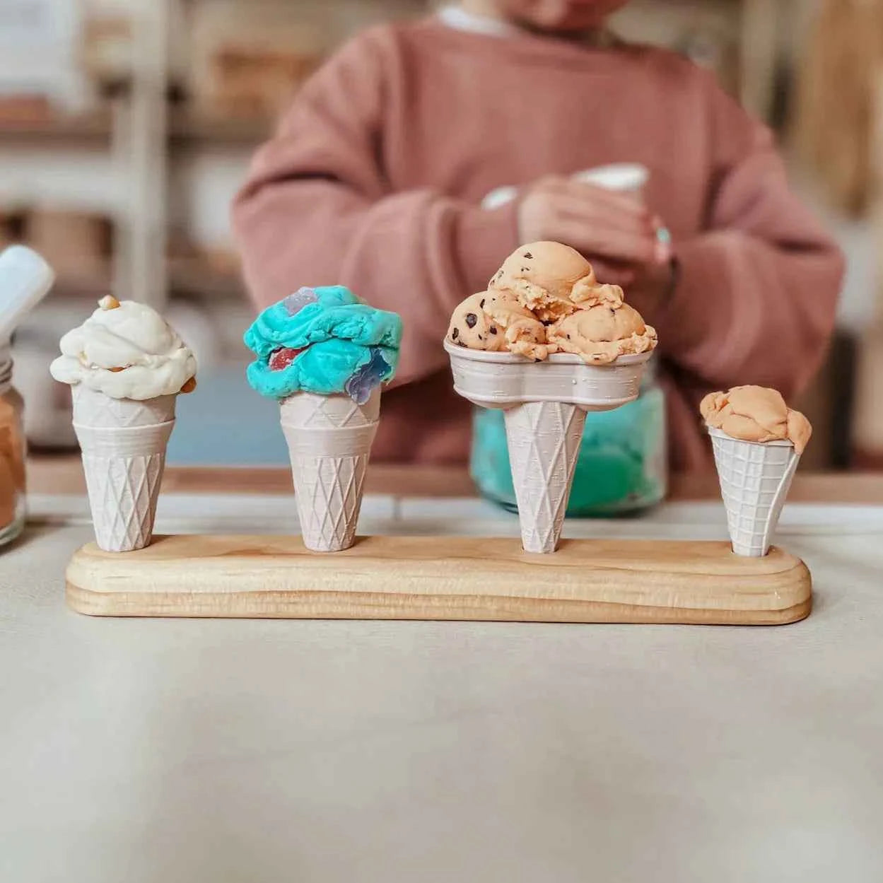 Wooden Ice Cream Cone Stand 4 Hole by Beadiebug Playdough Sand Toys Art and Craft for Kids
