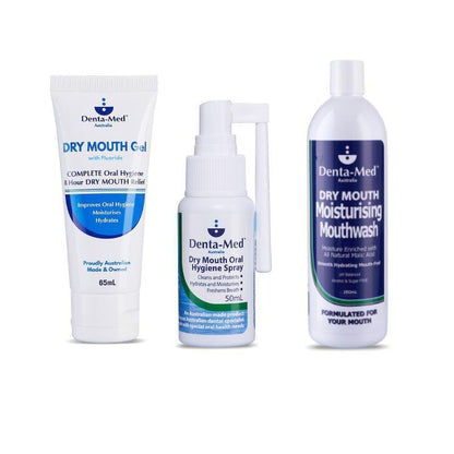 Denta-Med Dry Mouth Gel 65mL Tube, Dry Mouth Oral Hygiene Spray 50mL & Moisturising Mouthwash 250mL Bottle Bundle