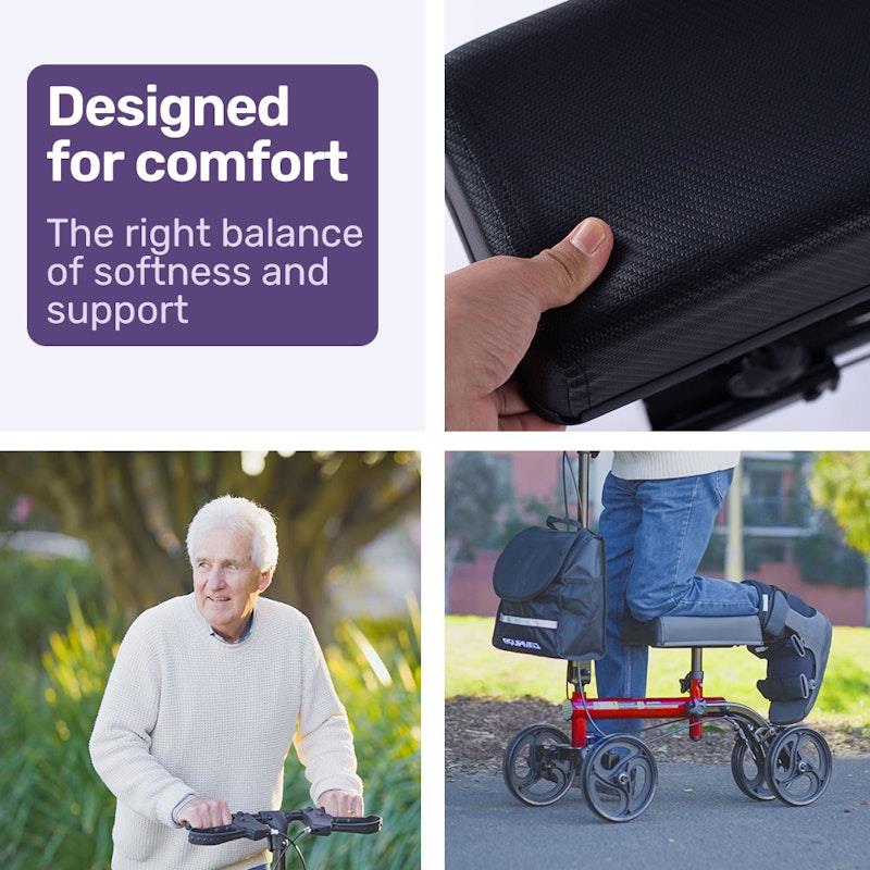 Equipmed Knee Scooter Walker With Dual Brakes & Bag Red