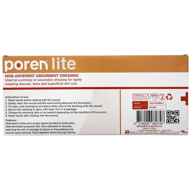 Poren-Lite Non-Adherent Absorbent Dressing Sterile 7.5 x 20cm 5Box
