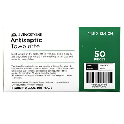 Livingstone Antiseptic Towelette Wipe 14.5 x 12.6cm 50 Pieces/Box