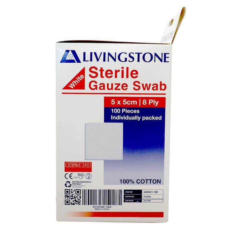 Livingstone Gauze Swabs 8 ply Cotton Sterile 5 x 5 cm 100 Pieces/Box