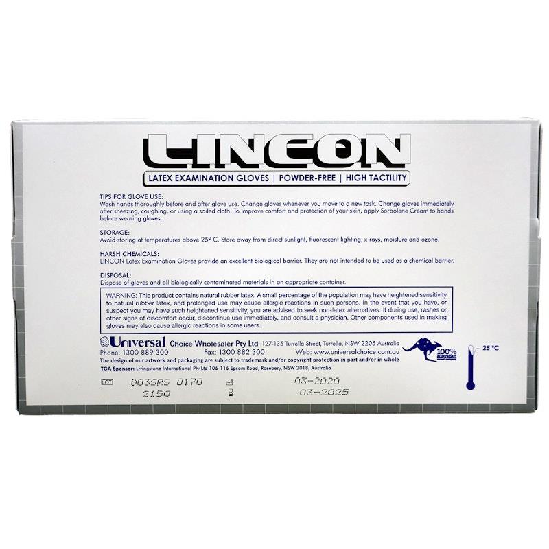 Lincon Biodegradable Latex Examination Gloves AS NZ Powder Free Small 100 Pieces/Box