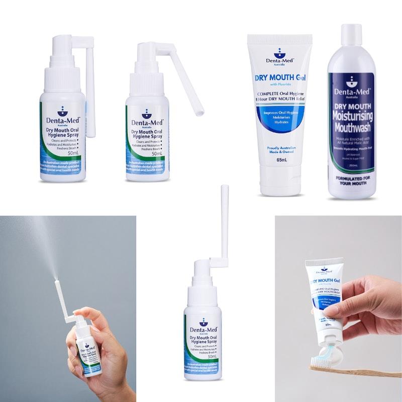 Denta-Med Dry Mouth Gel 65mL Tube, Dry Mouth Oral Hygiene Spray 50mL & Moisturising Mouthwash 250mL Bottle Bundle