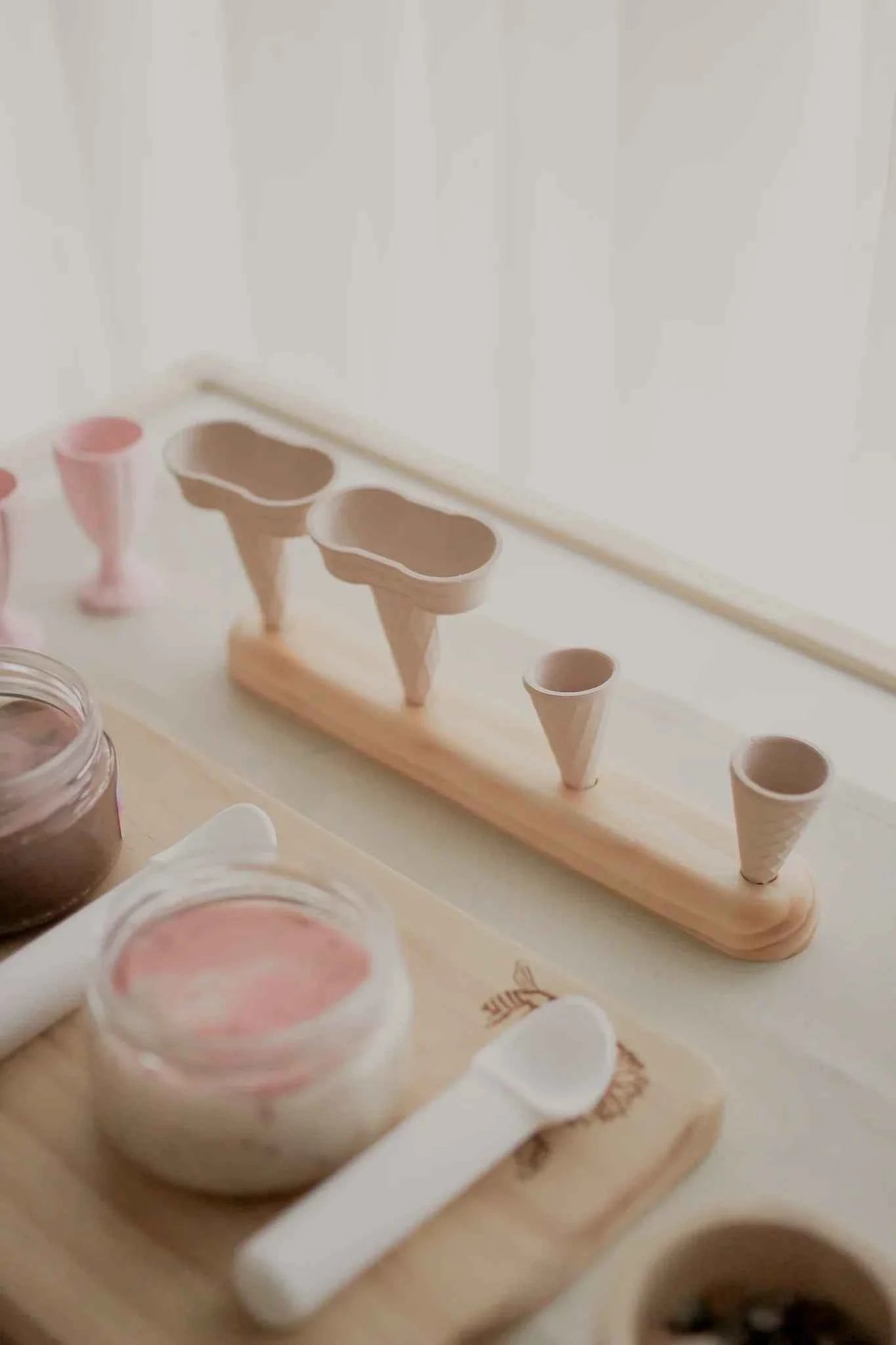 Wooden Ice Cream Cone Stand 4 Hole by Beadiebug Playdough Sand Toys Art and Craft for Kids