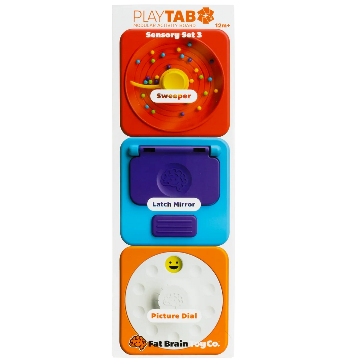 PlayTab Sensory Tiles Set 3 Latch Mirror Blue, Picture Dial, Sweeper by Fat Brain Toys Sensory Toys Motor Skills Developmental Toys for Toddlers Baby Toys Best Seller 12m+