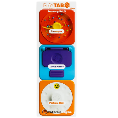 PlayTab Sensory Tiles Set 3 Latch Mirror Blue, Picture Dial, Sweeper by Fat Brain Toys Sensory Toys Motor Skills Developmental Toys for Toddlers Baby Toys Best Seller 12m+