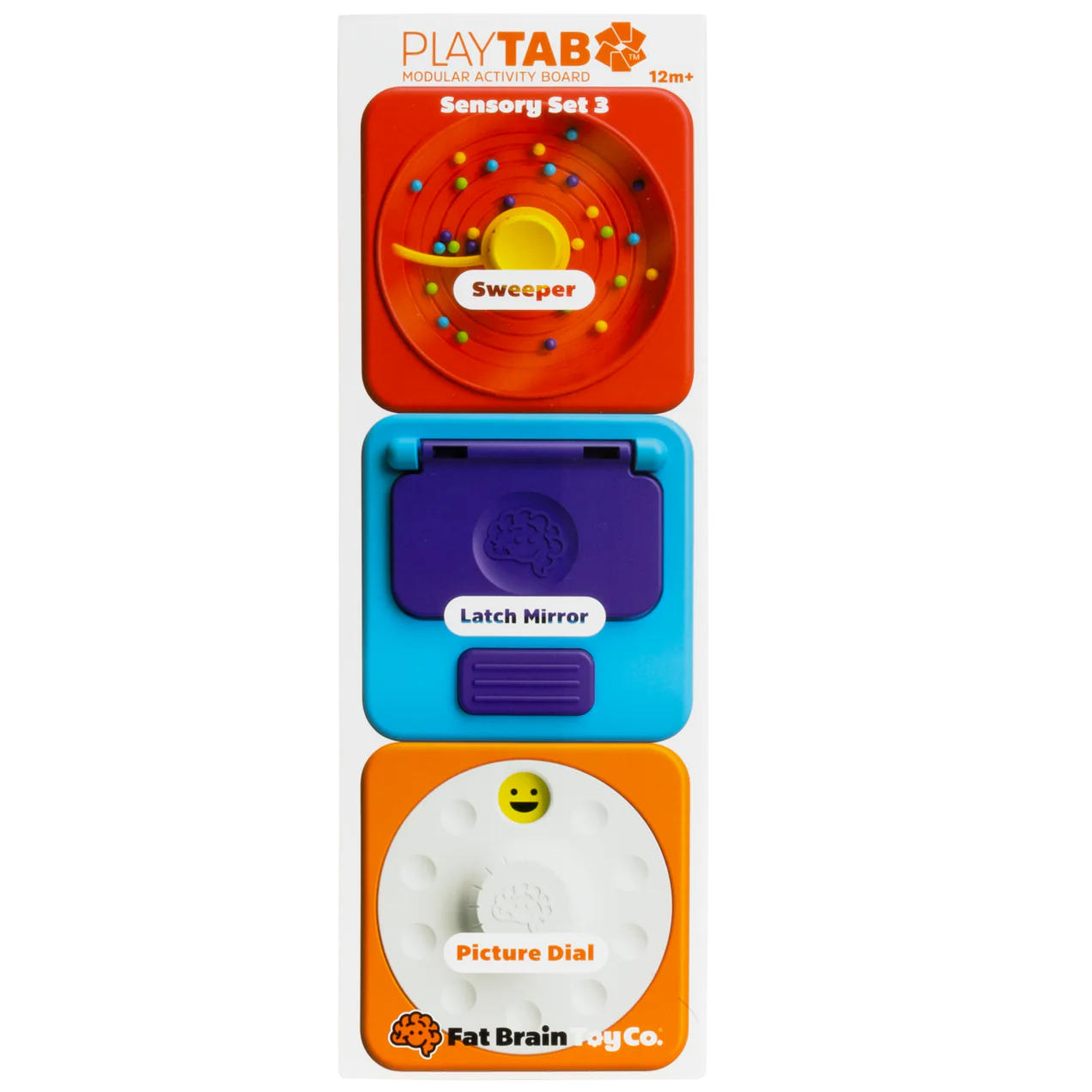 PlayTab Sensory Tiles Set 3 Latch Mirror Blue, Picture Dial orange, Sweeper red, by Fat Brain Toys Sensory Toys Motor Skills Developmental Toys for Toddlers Baby Toys Best Seller 12m+