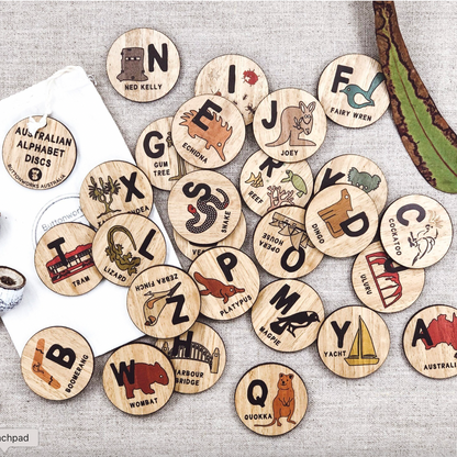 Australian Wooden Alphabet Discs by Buttonworks Australia Early Literacy Wooden Puzzle Game Australian Theme 3yrs+