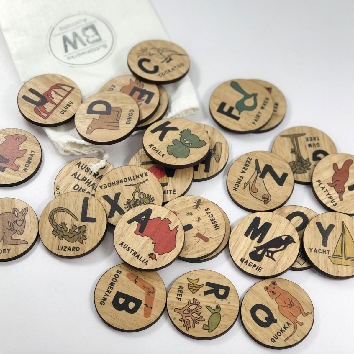 Australian Wooden Alphabet Discs by Buttonworks Australia Early Literacy Wooden Puzzle Game Australian Theme 3yrs+
