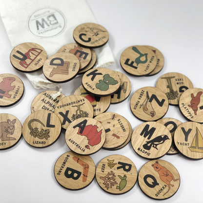 Australian Wooden Alphabet Discs by Buttonworks Australia Early Literacy Wooden Puzzle Game Australian Theme 3yrs+