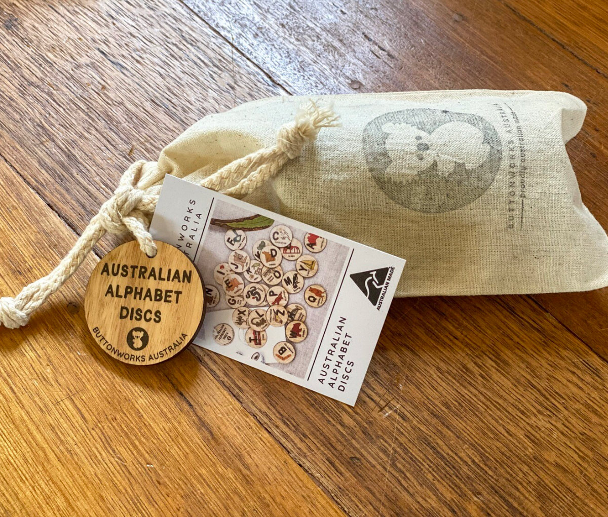 Australian Wooden Alphabet Discs by Buttonworks Australia Early Literacy Wooden Puzzle Game Australian Theme 3yrs+