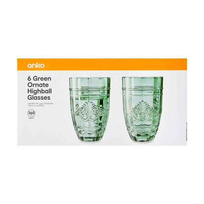 6 Green Ornate Highball Glasses