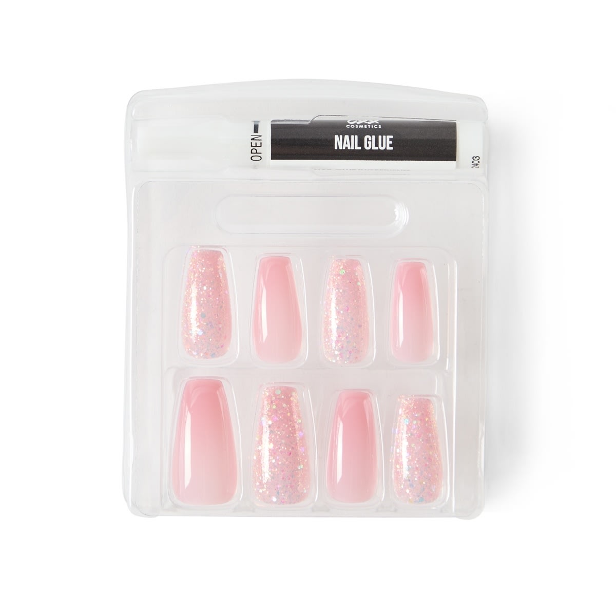 OXX Cosmetics 24 Pack Artificial Nails with Adhesive - Squareletto Shape, Pink Glitter