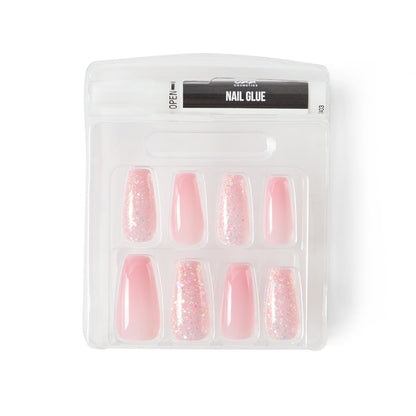 OXX Cosmetics 24 Pack Artificial Nails with Adhesive - Squareletto Shape, Pink Glitter