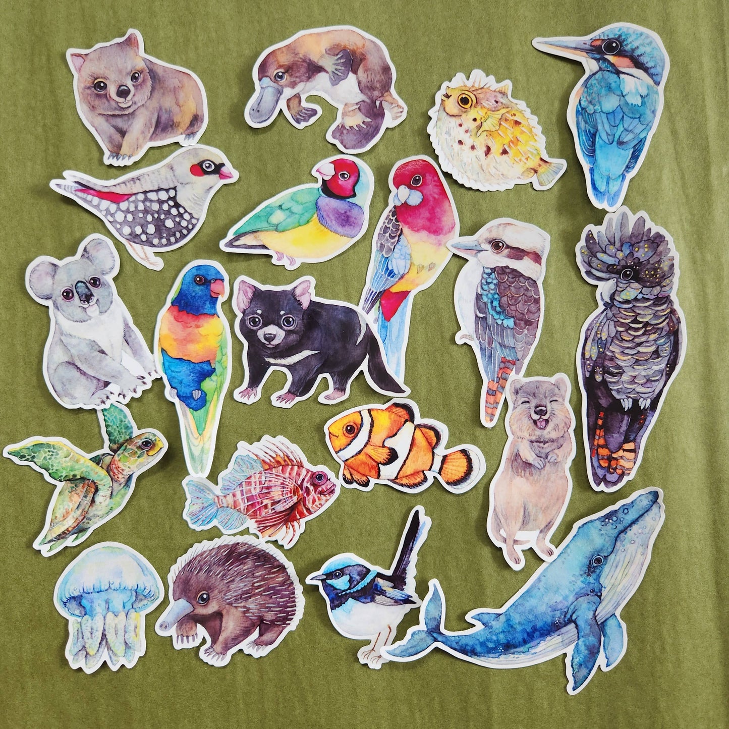 Australian Animals Small Vinyl Waterproof Sticker 21pcs FULL pack by Watercolour By Cat Original Artworks
