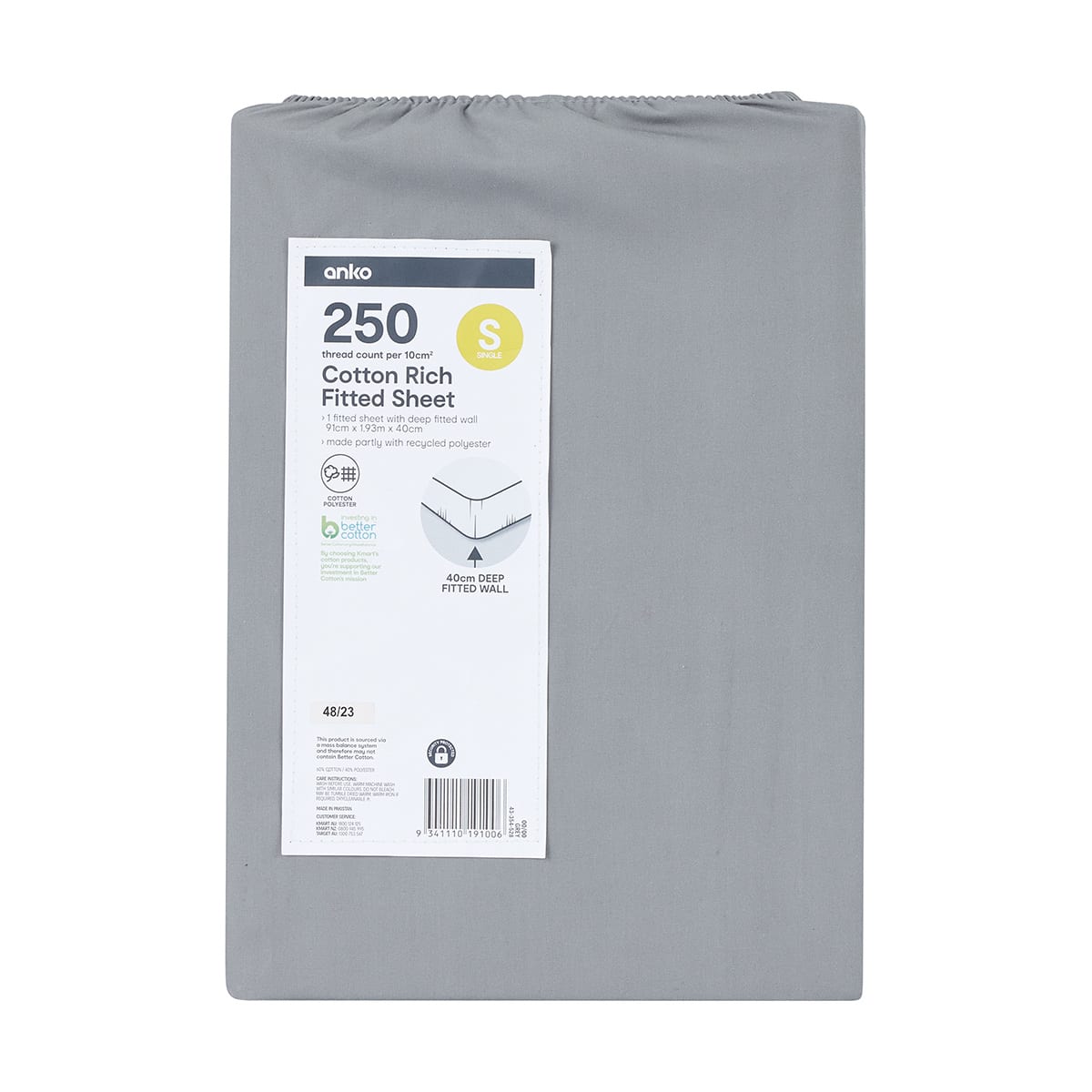 250 Thread Count Cotton Rich Fitted Sheet - Single Bed, Grey