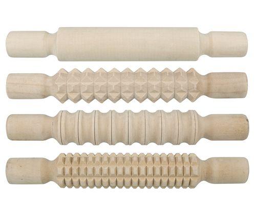 Medium Wooden Pattern Rolling Pins set of 4 Playdough Sand Toys Art and Crafts for Kids 3yrs+