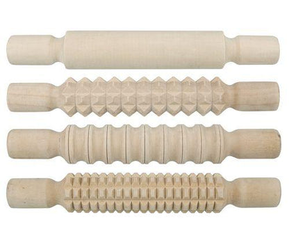 Medium Wooden Pattern Rolling Pins set of 4 Playdough Sand Toys Art and Crafts for Kids 3yrs+