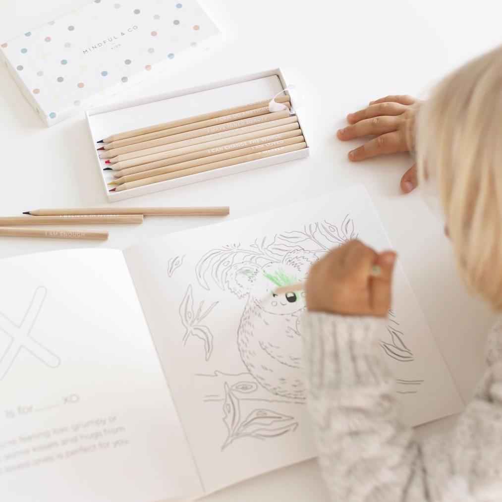 Mindful & Co Kids Affirmation Colouring Pencils 12pc Stationary Art and craft for kids 3yrs+