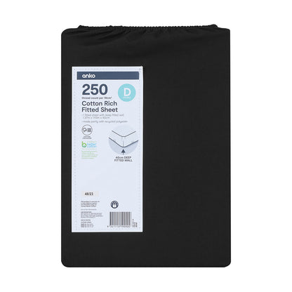 250 Thread Count Cotton Rich Fitted Sheet - Double Bed, Black