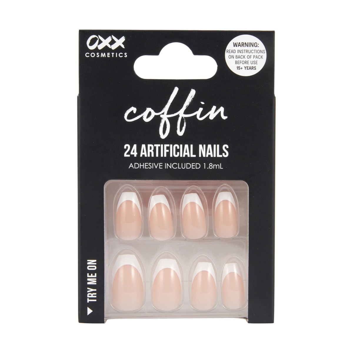 OXX Cosmetics 24 Pack Artificial Nails with Adhesive - Coffin Shape, French Tip