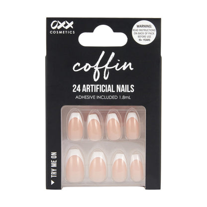 OXX Cosmetics 24 Pack Artificial Nails with Adhesive - Coffin Shape, French Tip