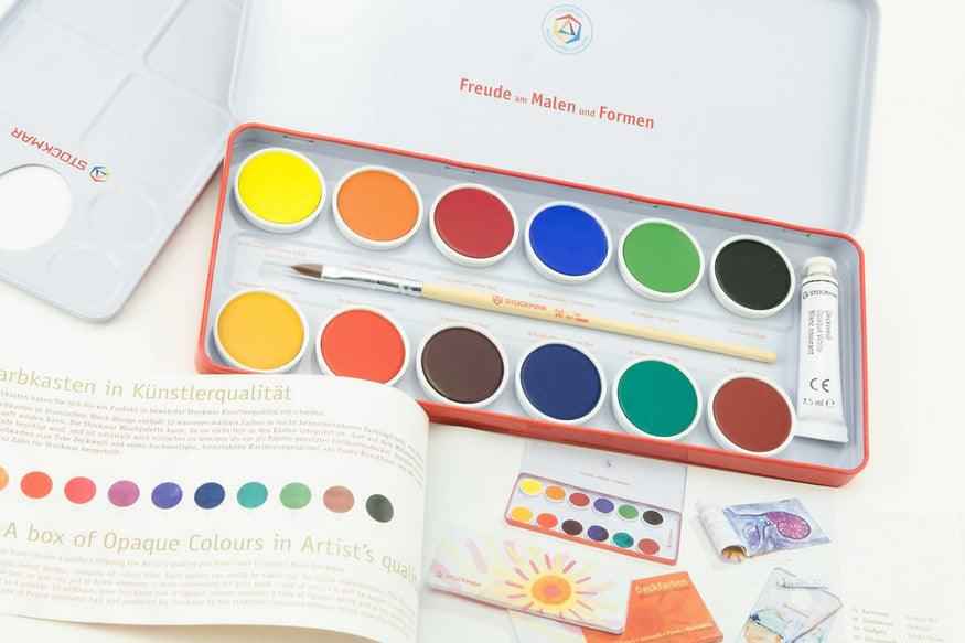 Stockmar Watercolour Paint Set in Tin Waldorf Education Inspired 12 Opaque Colours, Brush+Palette Stationary Art and craft for kids 3yrs+