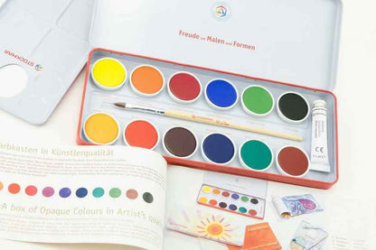 Stockmar Watercolour Paint Set in Tin Waldorf Education Inspired 12 Opaque Colours, Brush+Palette Stationary Art and craft for kids 3yrs+